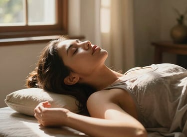 A South American woman looking serene and relieved, resting in a bright, tranquil room with golden sunlight streaming through the window, symbolizing peace found through spiritual work.