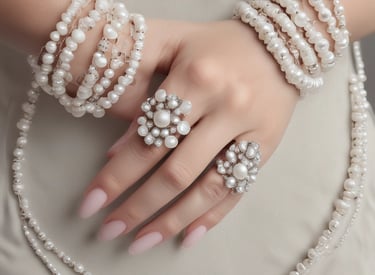 Close-up of artisan hands stringing pearls and beads into a delicate necklace in a warm, softly lit workshop.