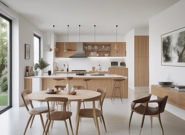 Cozy living room featuring natural wood furniture and soft lighting.