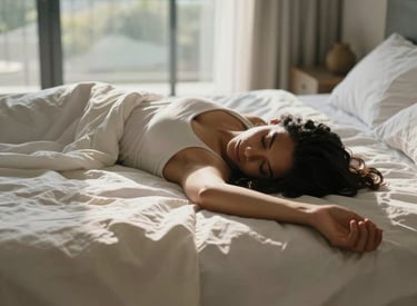 A South American woman lying peacefully on a bed with white and cream linens, soft morning light filtering through the window, a sense of deep serenity and calm, photography in a modern Brazilian home.