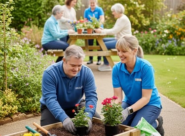 Supported Housing  | Propakaya Ltd | a man and woman in blue shirts and gloves are gardening