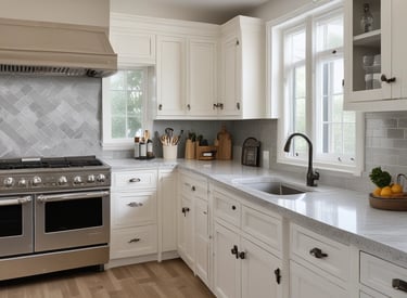 A skilled construction team installing custom cabinetry in a bright, modern kitchen under warm natural light.