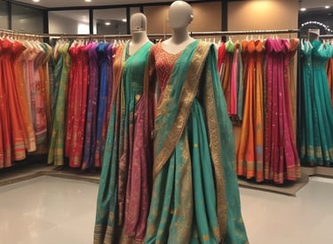 A vibrant display of silk and chiffon sarees hanging gracefully in a warmly lit showroom