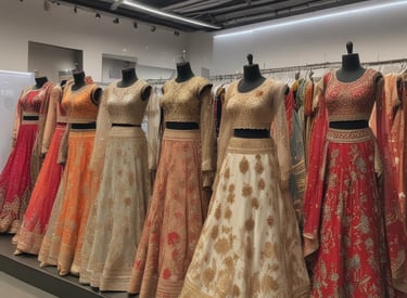Beautifully embroidered bridal lehengas showcased on mannequins with soft spotlighting