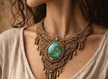 Collar de macramé hecho a mano con una gran piedra preciosa turquesa usado por una mujer.