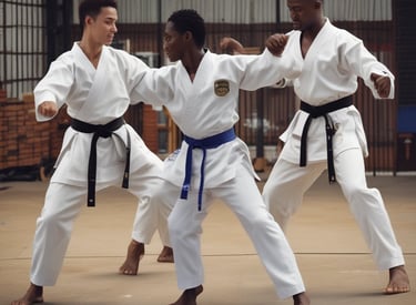 A diverse group of beginners practicing martial arts moves in a bright, welcoming dojo.