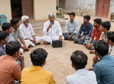 A peaceful gathering of diverse people discussing ideas in a green park under clear skies.