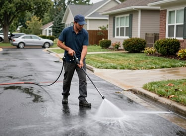 Close-up of a driveway mid-power wash, showing a clear contrast between cleaned and dirty areas.