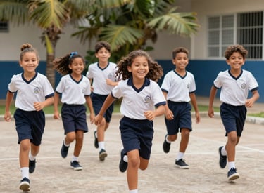 Photo of children wearing comfortable and colorful school uniforms in a bright classroom.