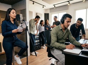 A group of professionals recording and producing music in a modern sound studio with high-quality audio equipment.