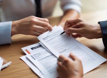 Close-up of hands exchanging health insurance documents during a consultation.