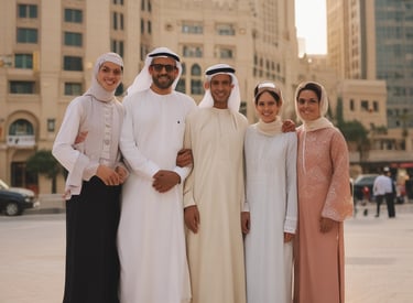 A warm image of a small family smiling together outside their hotel near Makkah.