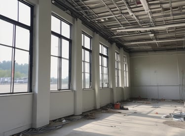 A team working on electrical wiring in a modern commercial building.