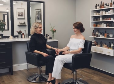 Close-up of a hair stylist applying warm golden highlights with careful attention.