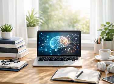 Laptop mit KI‑Visualisierung in Form eines digitalen Gehirns, umgeben von Arbeitsmaterialien auf ein