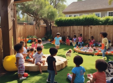 A warm, inviting home setting with a caregiver playing with children.