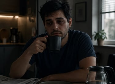 Tired man with dark circles under eyes drinking coffee in a dark kitchen.
