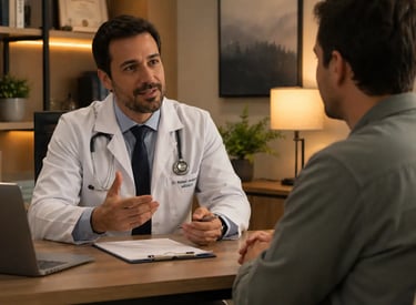 A male doctor in a white lab coat talking to a patient during a medical consultation in a clinic office.