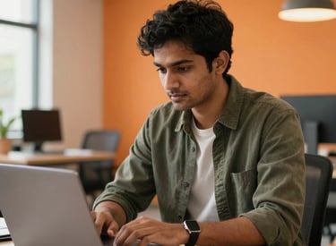 A cinematic, inspiring shot of a young South Asian man focused on his laptop in a modern, orange-accented workspace, showcasing a professional skill development environment.