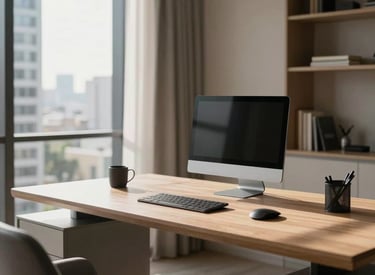 A clean and organized minimalist home office in a high-rise Brazilian apartment, morning sunlight hitting a modern desk with high-end tech, professional and serene atmosphere.