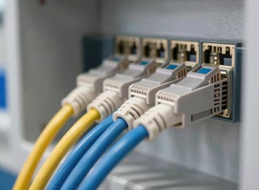 Close-up of fiber optic cables glowing with blue light inside a server room