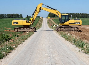 Engineers reviewing blueprints inside a partially constructed factory building.