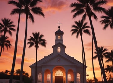A serene outdoor setting with candles and flowers arranged for a memorial service under Florida palms.