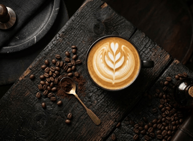 A hot cafe latte with leaf latte art on a rustic dark wood table with roasted coffee beans.