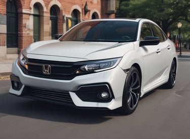A red Honda hatchback ready for pickup in front of a modern house.