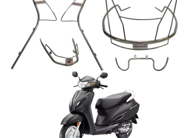 A matte black Honda Activa scooter shown below a disassembled dark metallic guard set.