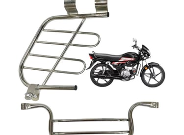 A black Hero HF Deluxe motorcycle shown alongside chrome rear and front leg guards.