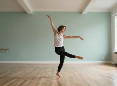 An elegant interior shot of a North American dance studio with high ceilings and wooden floors, featuring a single person in mid-motion during a modern dance sequence, captured in a serene sage green and white palette.