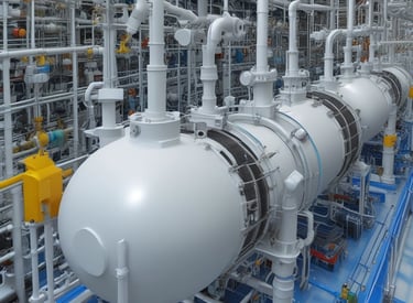 Engineers reviewing safety audit reports beside high-pressure EVA reactors