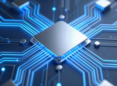 A sleek, glowing molecular structure intertwined with metallic circuit patterns, symbolizing biotech and technology fusion.