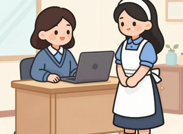 A smiling transfer maid helping a family in a cozy Singaporean home.