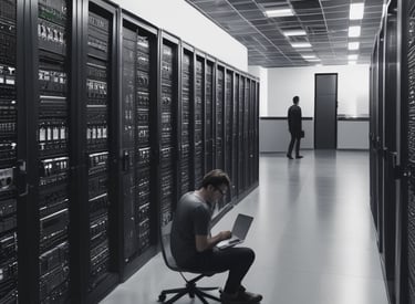 Cloud architects reviewing infrastructure blueprints on a digital tablet.