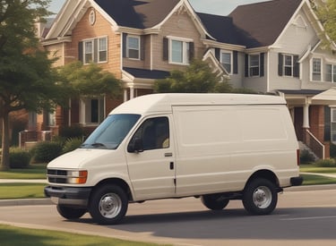 A delivery van navigating through city streets during sunset.