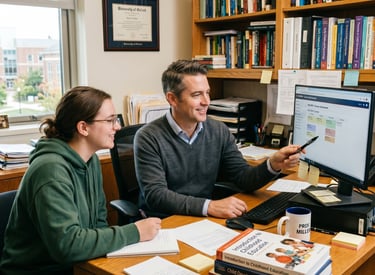 Advisor with student going over course registration on the computer.