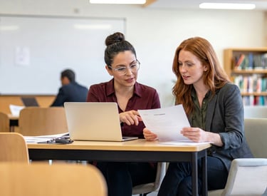 Illustration of two professionals reviewing course materials and evaluation documents.