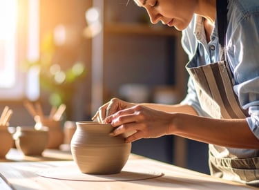 Potter working on a clay pot with their hands.