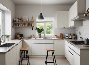 Bright kitchen interior with new white cabinets and subtle blue details.