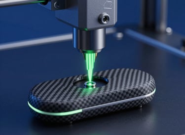 3D printer creating a sleek, minimalistic ergonomic device in a modern lab setting