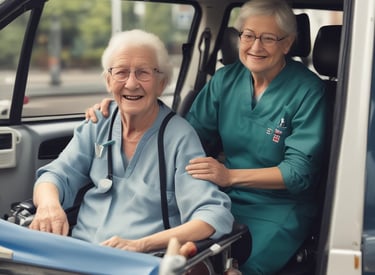 A friendly driver assisting a patient into a comfortable medical transport vehicle.
