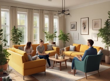 A warm consultation scene with a professional measuring a window for custom curtains in a cozy living room.