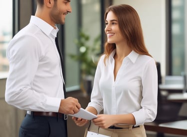 A friendly financial advisor discussing business plans with clients in a bright office.