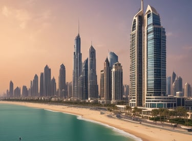 A split image showing a bustling Indian city skyline on one side and the modern Dubai skyline with iconic skyscrapers on the other.