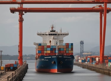 Cargo ship loaded with containers sailing across calm blue ocean.