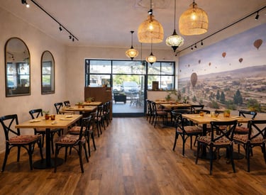 restaurant setup in dark wood theme style