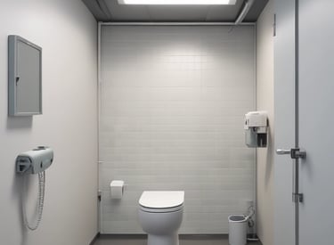 Plumber clearing a blocked toilet with professional tools in a bright bathroom.
