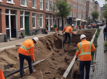 Technician working on repairing a sewer pipe outdoors on a sunny day.